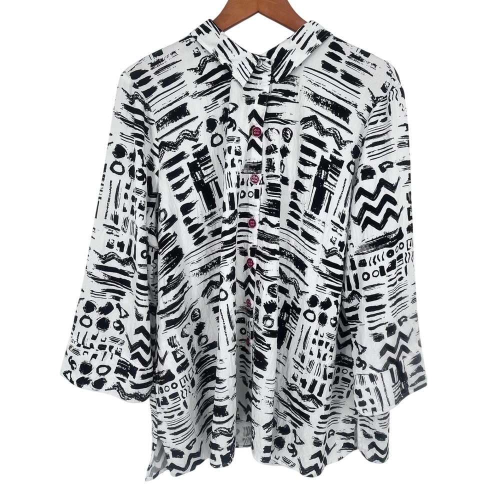 Ali Miles Button Front Blouse Womens 2X White Black Abstract Print Art to Wear